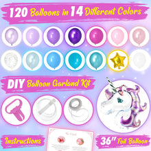 Load image into Gallery viewer, Unicorn Balloon Garland Kit | 120 Pack | Premium Unicorn Party Decoration | 14 Different Balloon Colors with 36" Unicorn Foil Balloon