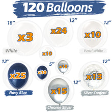 Load image into Gallery viewer, Navy Blue & Silver Balloon Garland Kit | 120 Pack |  Navy Blue, Chrome Silver, White, Silver Confetti Balloons