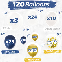 Load image into Gallery viewer, Navy Blue & Gold Balloon Garland Kit | 120 Pack |  Navy Blue, Chrome Gold, White, Gold Confetti Balloons