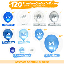 Load image into Gallery viewer, Blue Balloon Garland Kit | 120 Pack | Blue, Royal and Light Blue, Chrome Silver, Silver Confetti Balloons