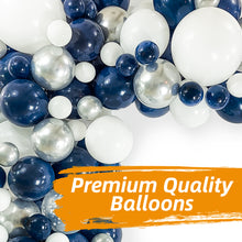 Load image into Gallery viewer, Navy Blue & Silver Balloon Garland Kit | 120 Pack |  Navy Blue, Chrome Silver, White, Silver Confetti Balloons